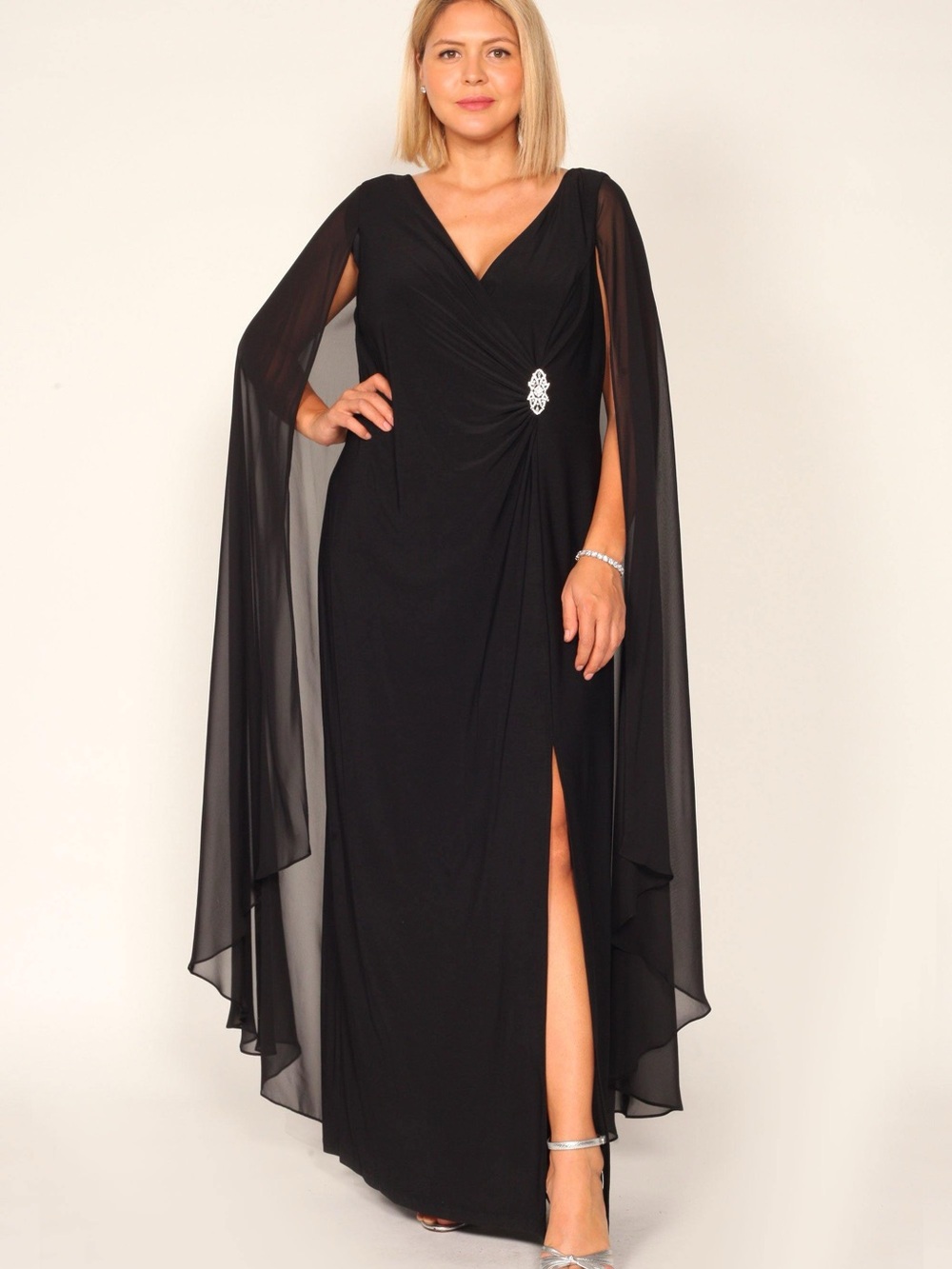 R&M Richards Black Asymmetrical Evening Gown with Decorative Brooch